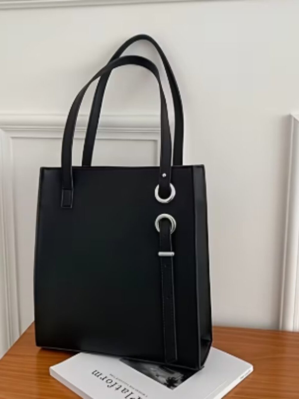 Women's Black Minimal Faux Leather Tote Bag